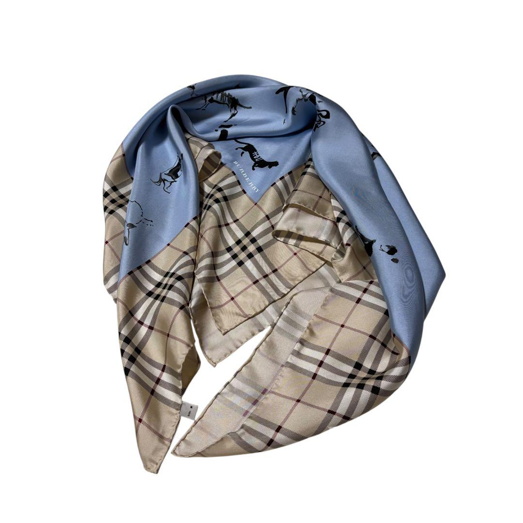 バーバリーロンドン☆大判スカーフ ノバチェック 犬 女性 散歩 シルク ブルー