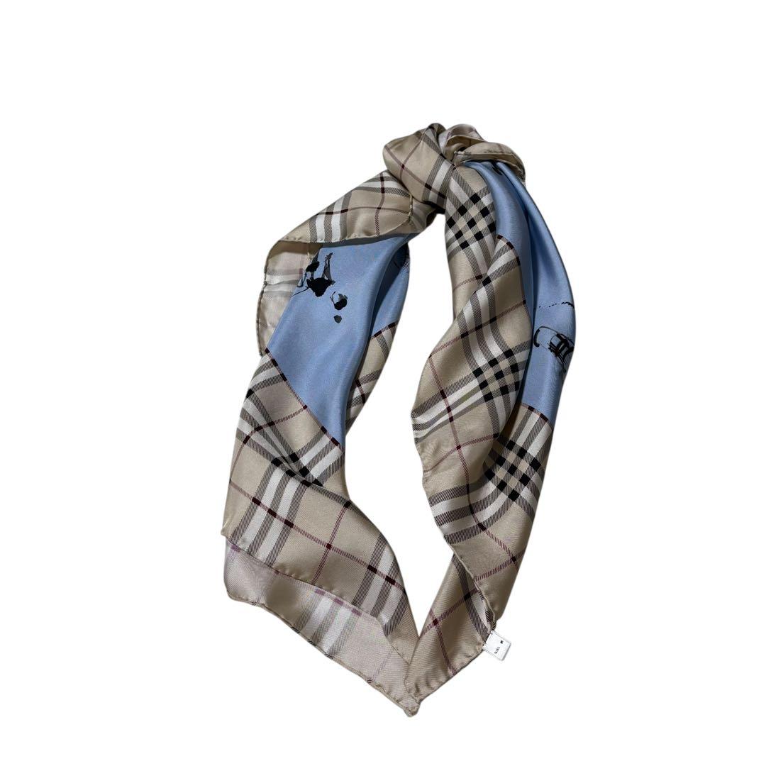 バーバリーロンドン☆大判スカーフ ノバチェック 犬 女性 散歩 シルク ブルー