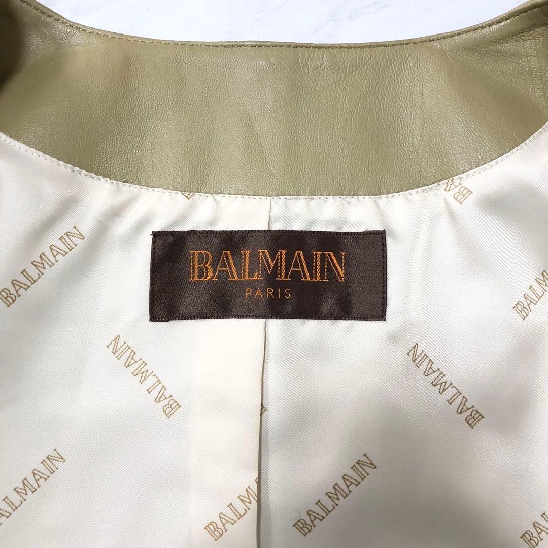 未使用級❤️BALMAIN ラムレザー　羊革　レザーコート　ノーカラー　カーキ