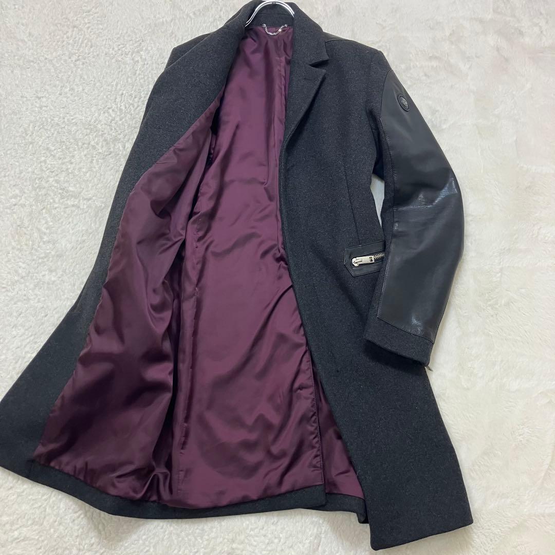 ディーゼル✨レザー切替 牛革 ウール ジップアップ 黒 チェスターコート