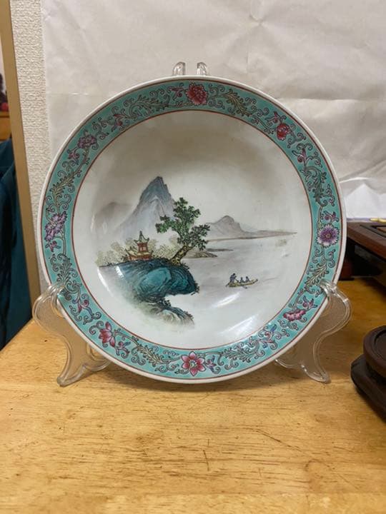 中国美術 山水 大皿 粉彩 飾皿