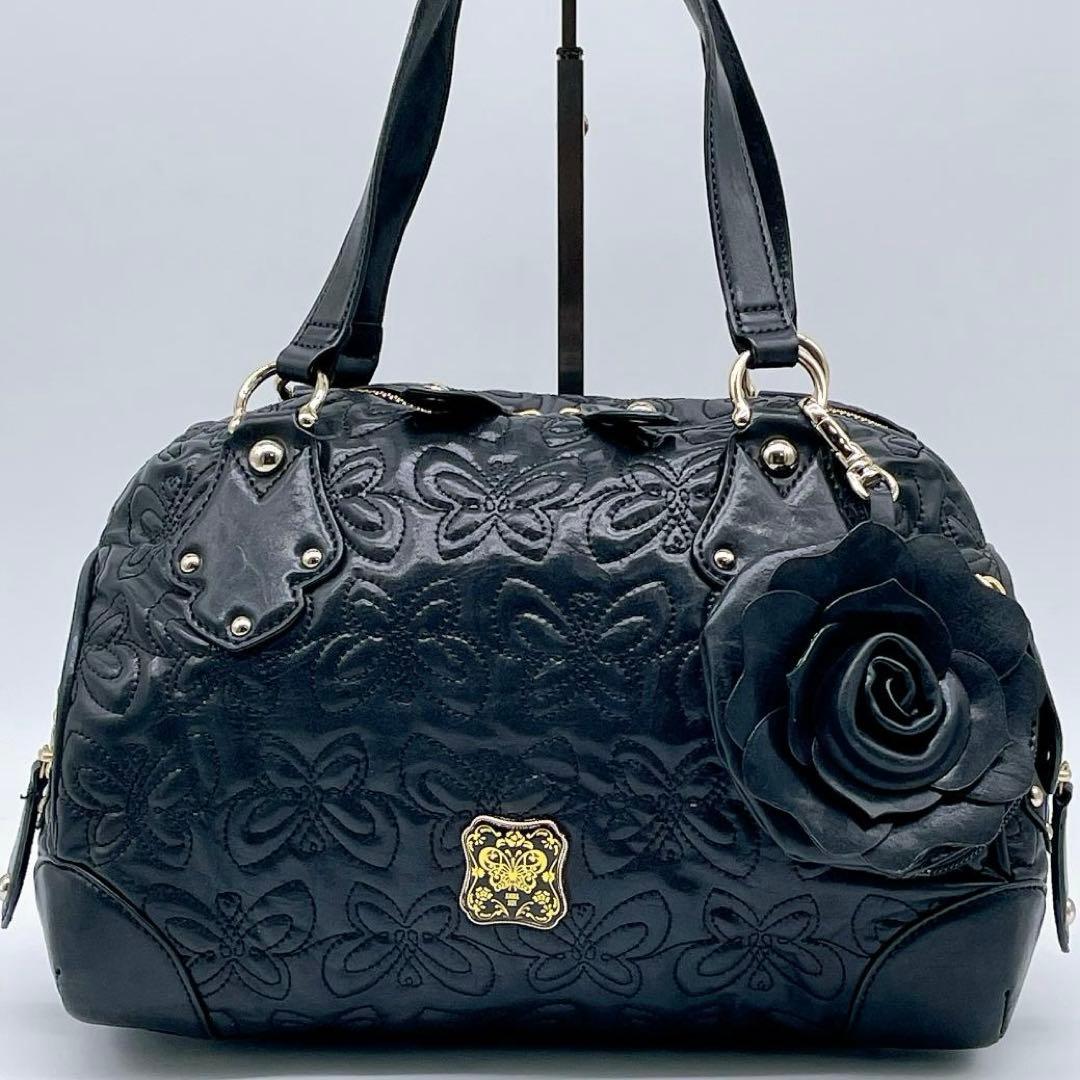 美品 ANNA SUI レザー ハンド キルティング ボストンバッグe753