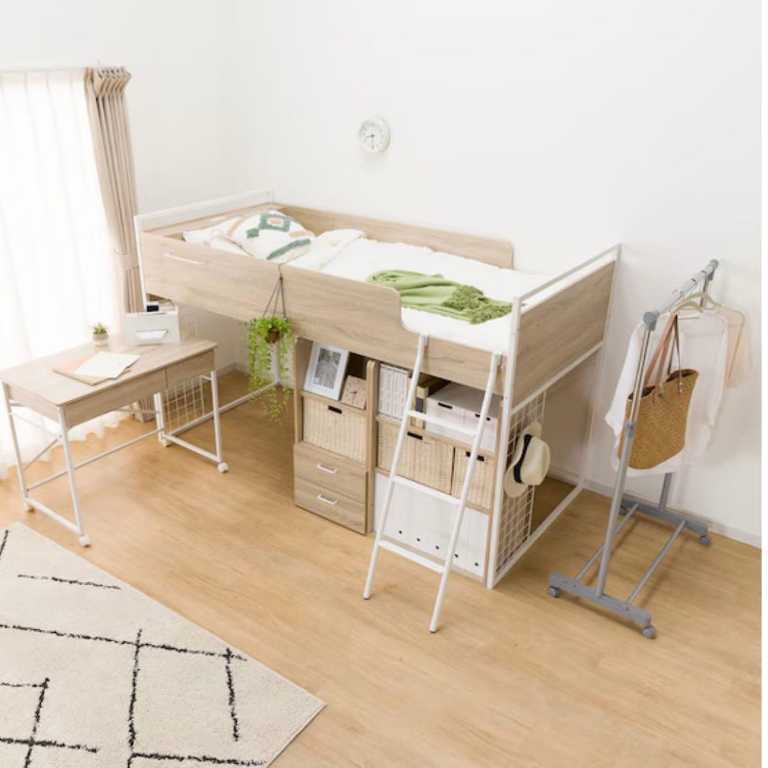 ナチュラルウッド ロフトベッド デスク付き