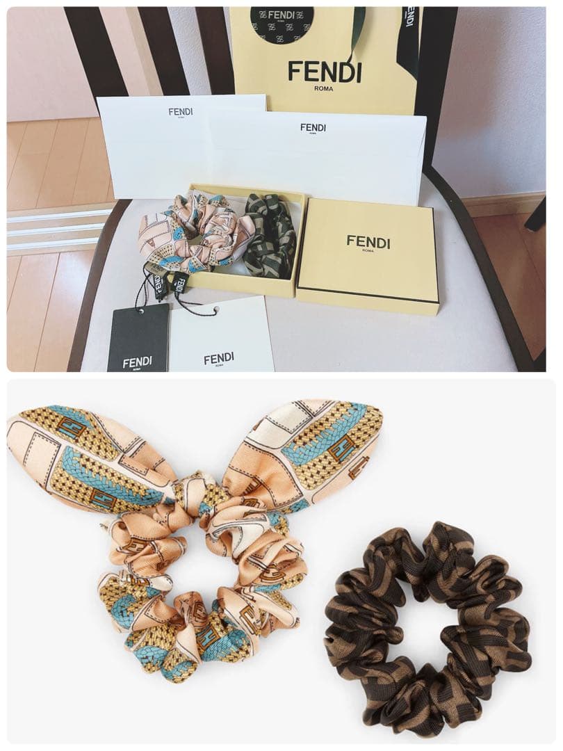 FENDI フェンディ　シュシュ　ライトブルーシルクゴム ヘアバンド2点セット