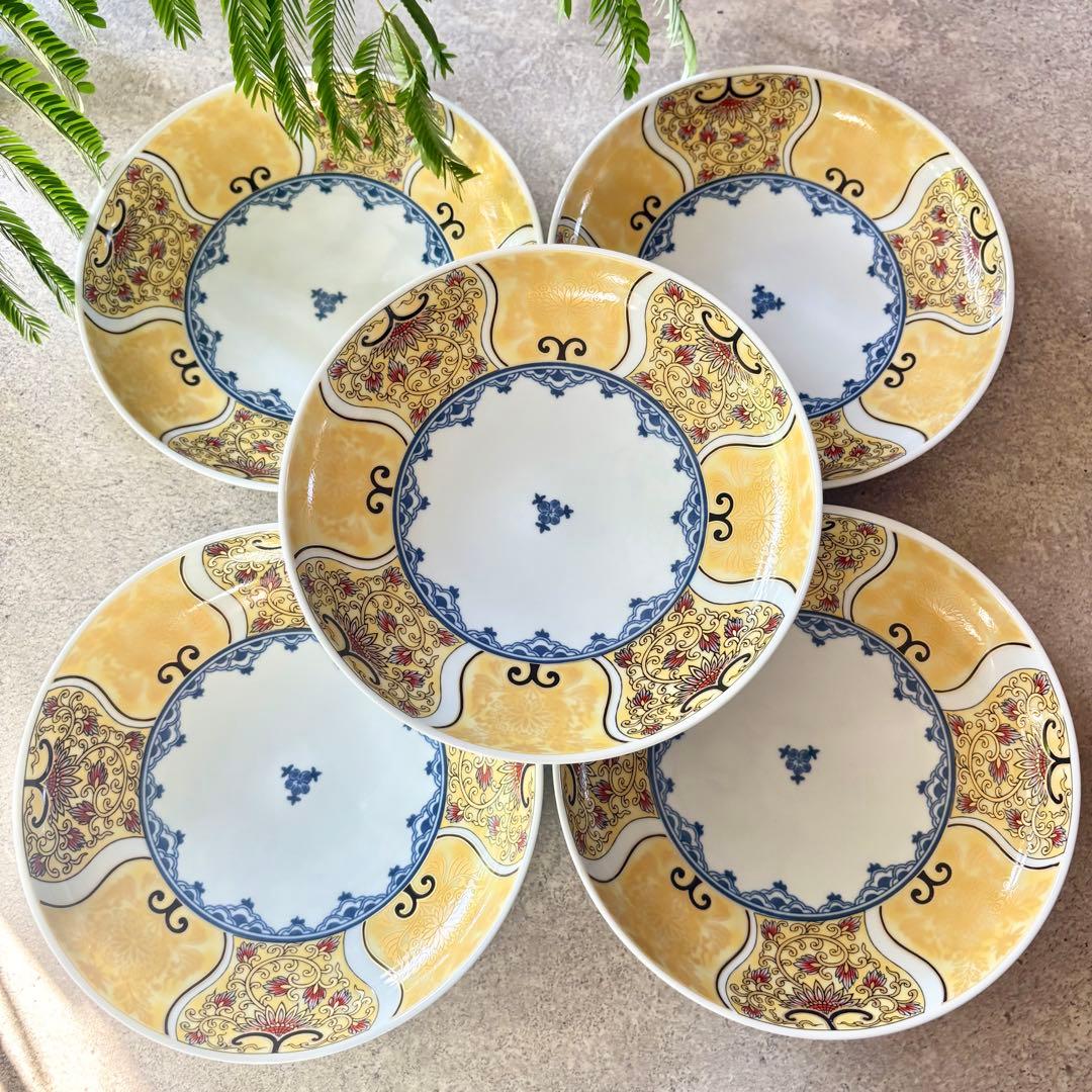 献上古伊万里　大皿　５枚セット　多用皿　黄色　イエロー　　金彩　豪華　和皿