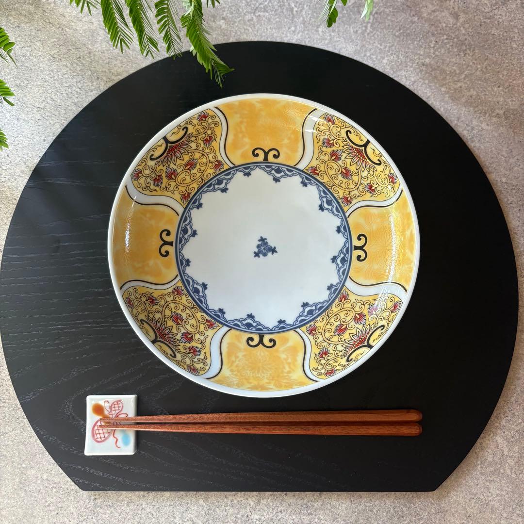 献上古伊万里　大皿　５枚セット　多用皿　黄色　イエロー　　金彩　豪華　和皿