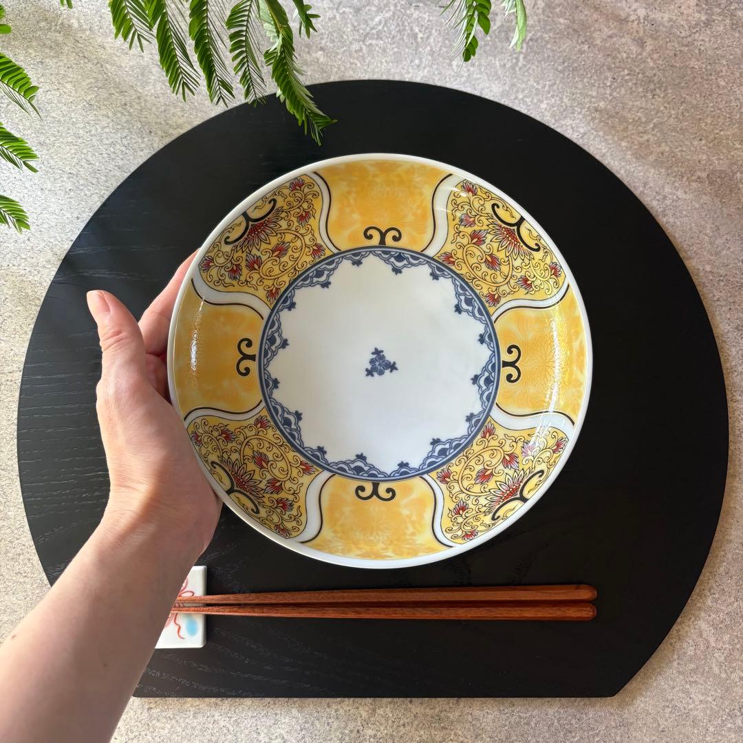 献上古伊万里　大皿　５枚セット　多用皿　黄色　イエロー　　金彩　豪華　和皿