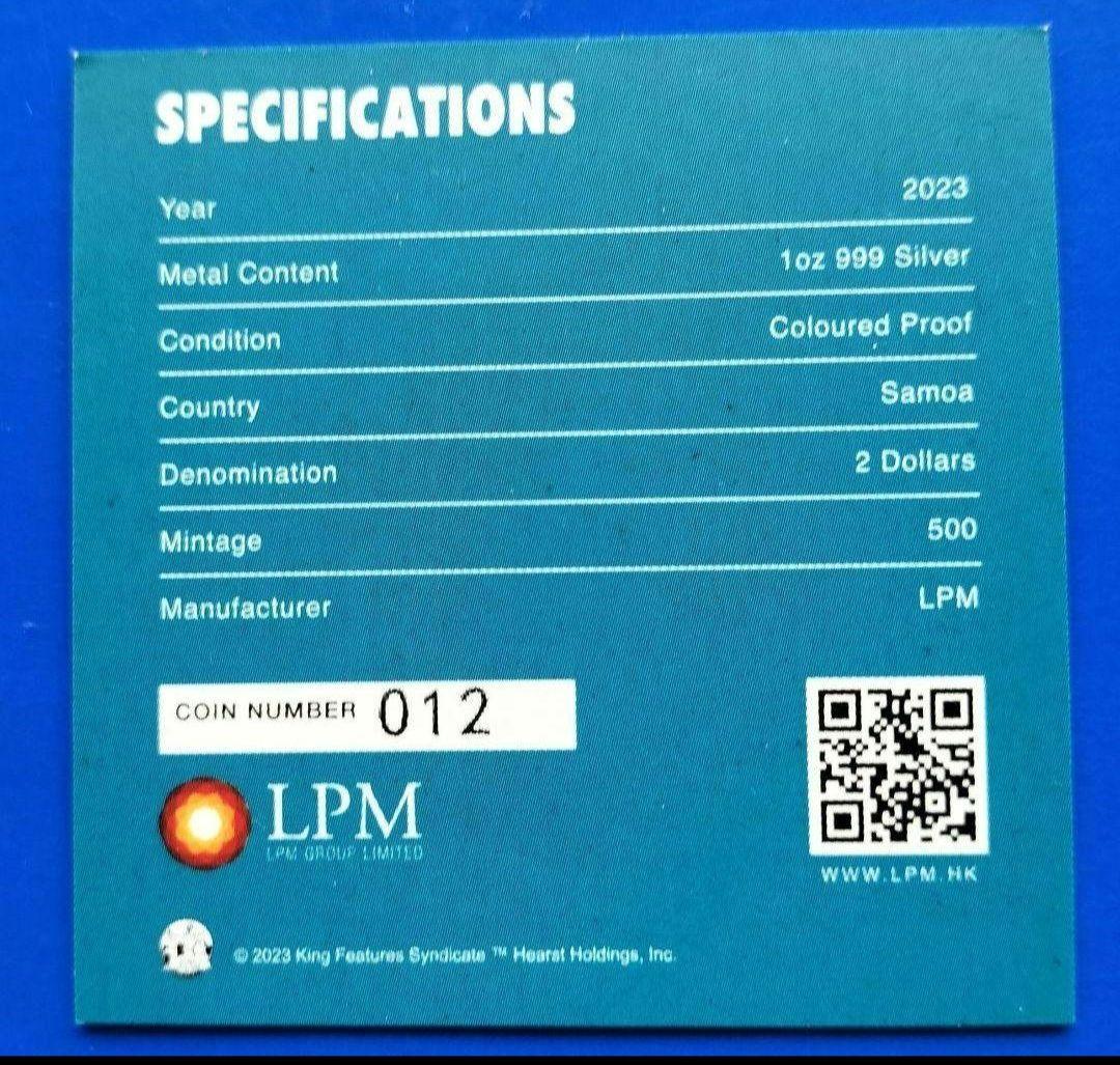 ポパイ2ドルカラー銀貨（サモア）1oz silver999（純銀） 2023年