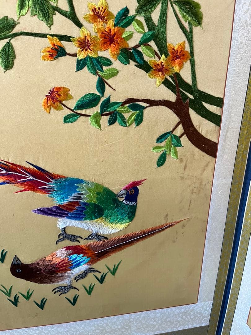 中国 刺繍屏風 刺繍絵 古美術 インテリア 骨董 アンティーク 花 鳥 動物