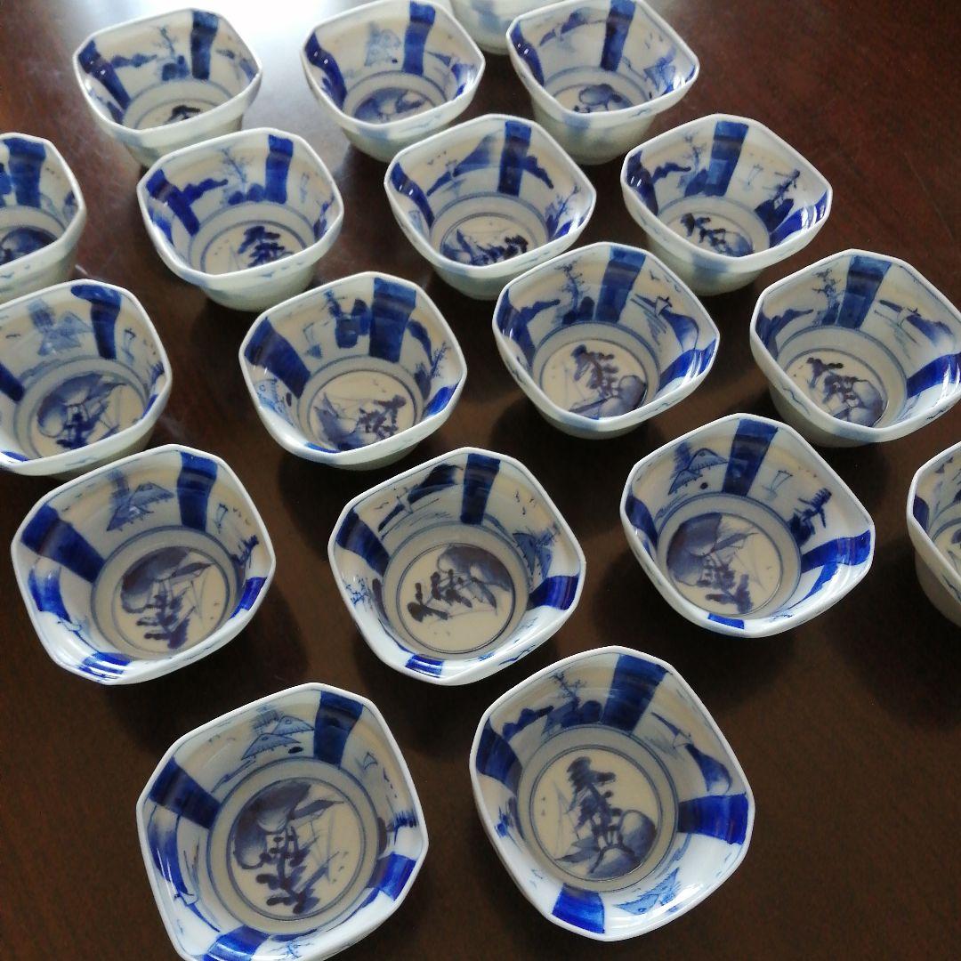 伊万里　染付隅切角形向付　18客　8.5cm　明治〜昭和初期