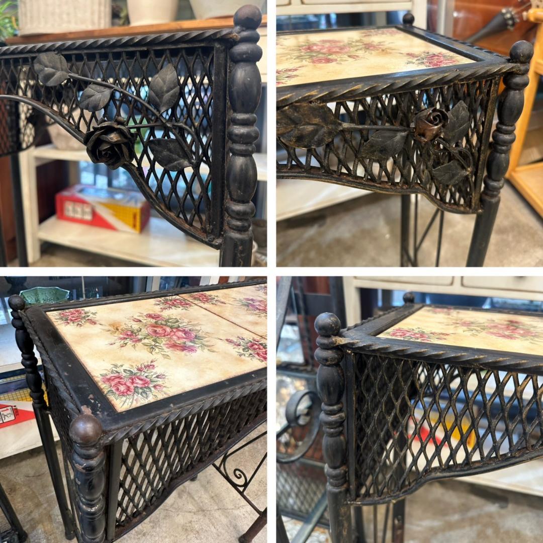 iΦ【2点セット】アンティーク アイアン家具 ミラー付き ラック 飾り棚