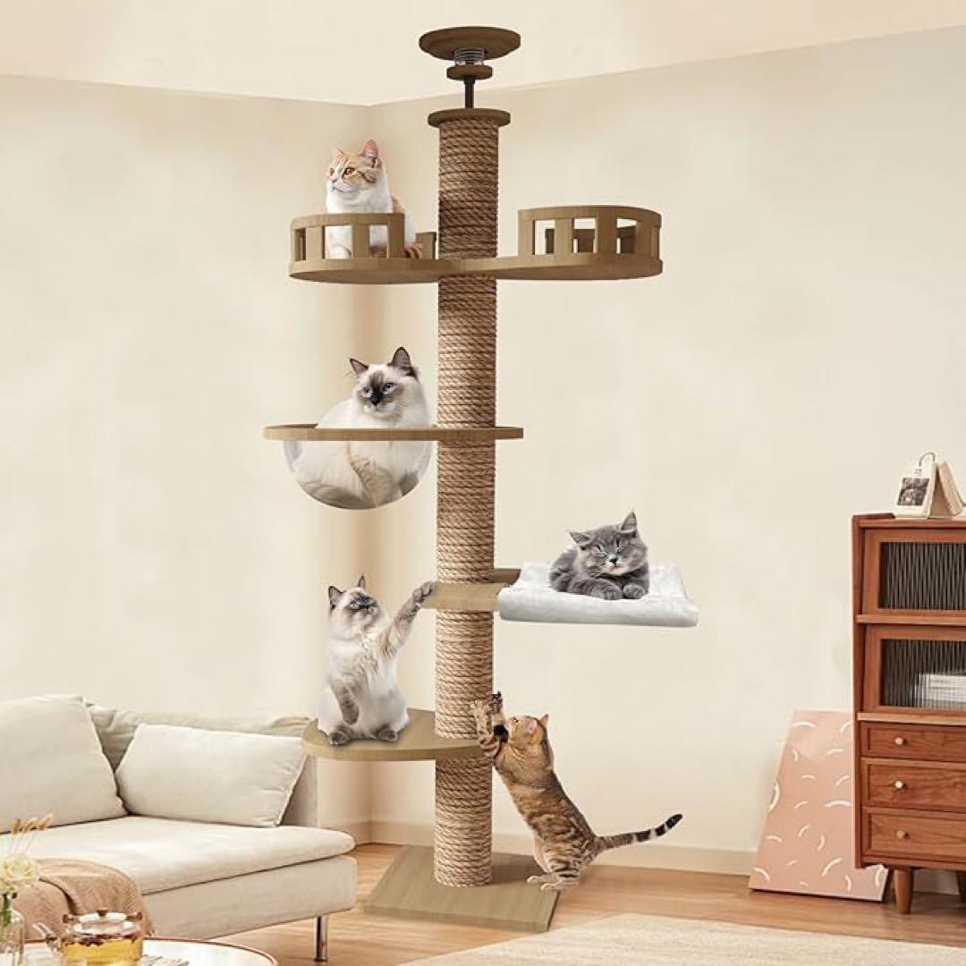 キャットタワー 突っ張り 木製 キャットツリー 木登りタワー 多層無垢材 太い柱