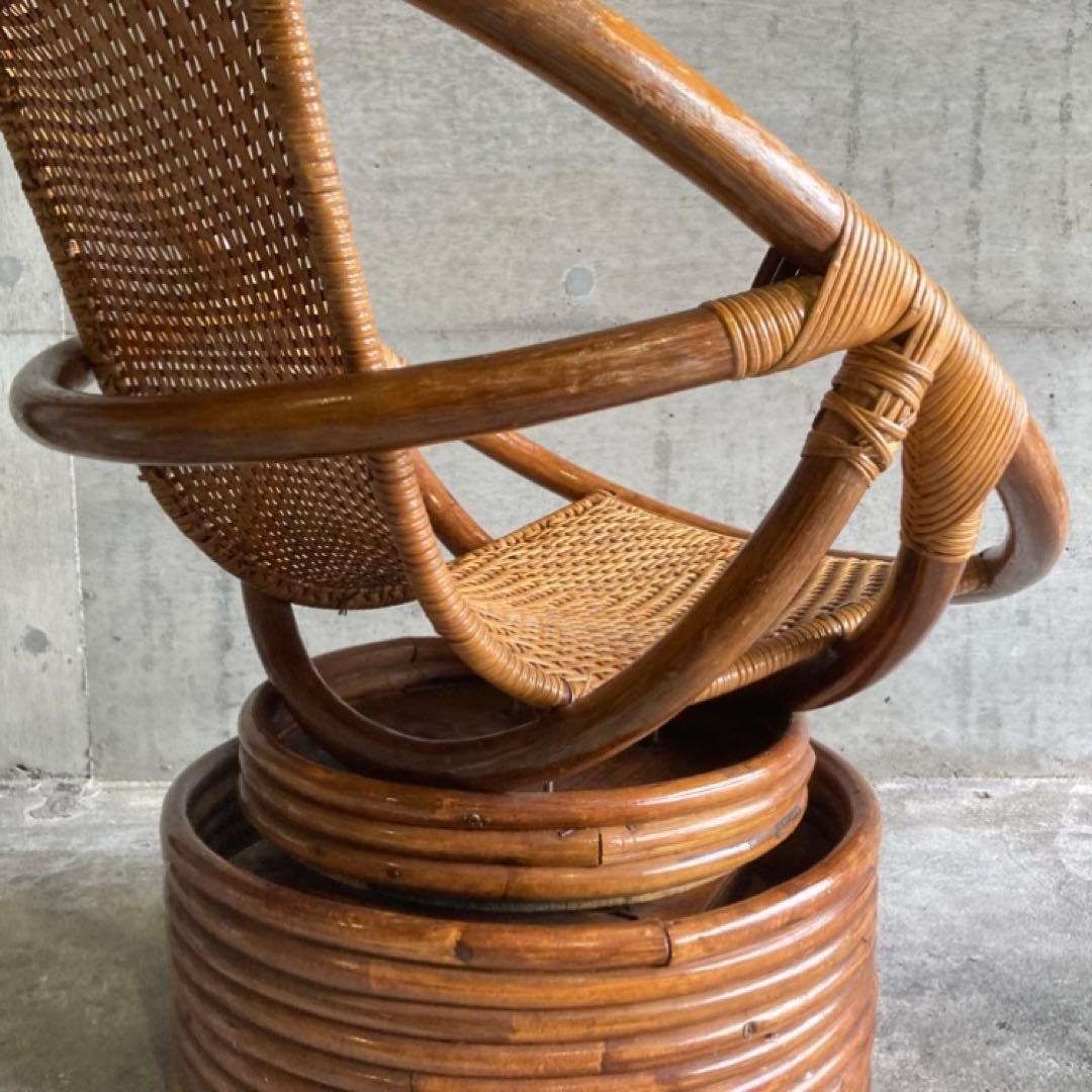 籐 ラタン 回転椅子 チェア 丸型 円形 編み込み アジアン 木製 家具 レトロ