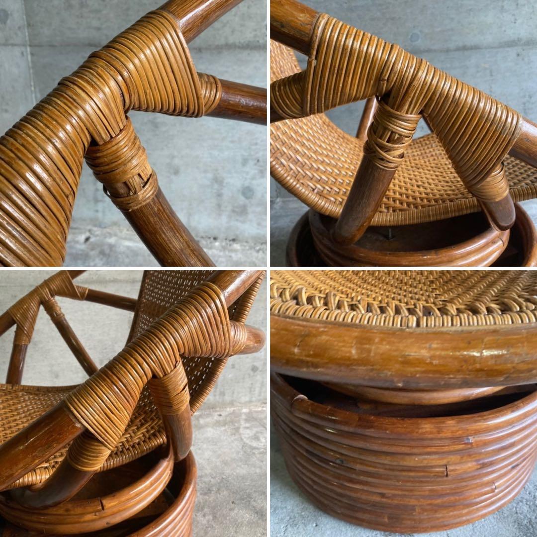 籐 ラタン 回転椅子 チェア 丸型 円形 編み込み アジアン 木製 家具 レトロ