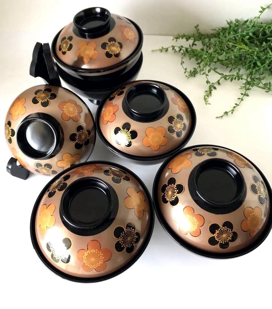 稀少　色絵柄　能登輪島塗 蒔絵 木製　蓋付椀 煮物椀　吸物椀　5客セット　共箱