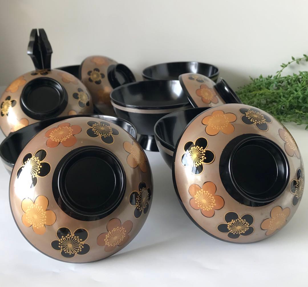 稀少　色絵柄　能登輪島塗 蒔絵 木製　蓋付椀 煮物椀　吸物椀　5客セット　共箱