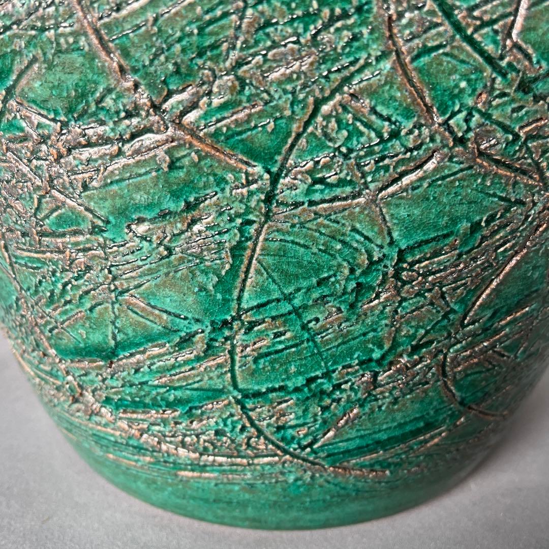 信楽焼傘立て  緑釉線彫 高さ43cm