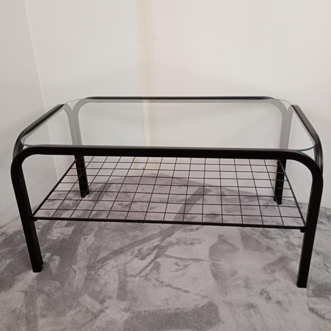 昭和レトロ ガラス アイアンフレーム ローテーブル 網棚付き ブラック 黒