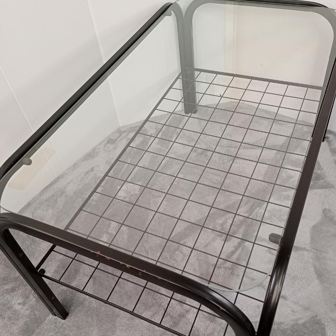 昭和レトロ ガラス アイアンフレーム ローテーブル 網棚付き ブラック 黒