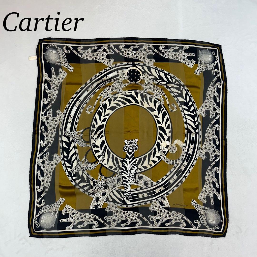 K642 カルティエ イタリア製 大判 スカーフ ブラック カーキ レディース