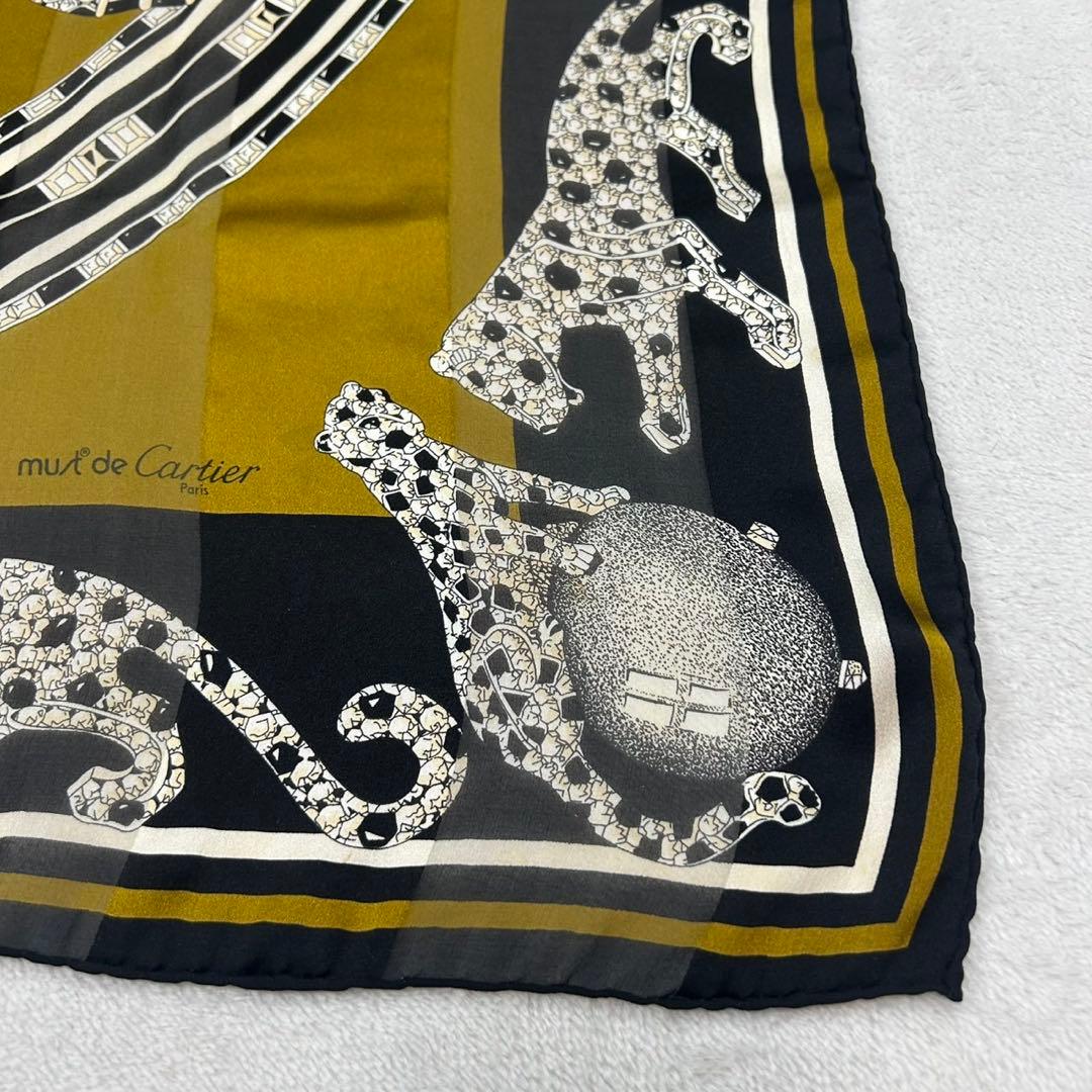 K642 カルティエ イタリア製 大判 スカーフ ブラック カーキ レディース