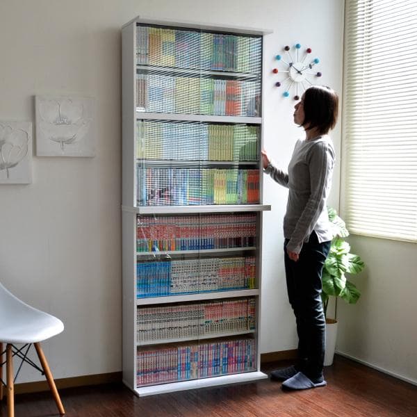 《新品・送料無料》本棚 ブックシェルフ 75幅 ホワイト ガラス扉付き