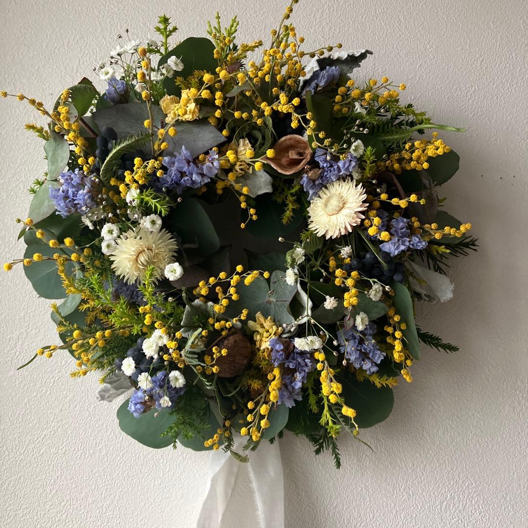 ミモザとブルースターチスのリース　ミランドールミモザ　貝細工　春