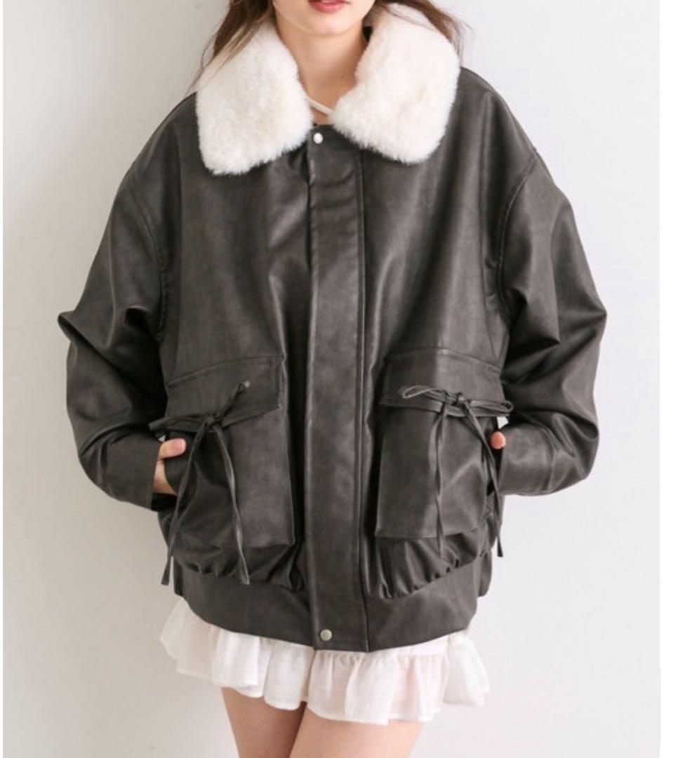 OLIVE des OLIVE ファーティペットエコレザーブルゾン ブラック