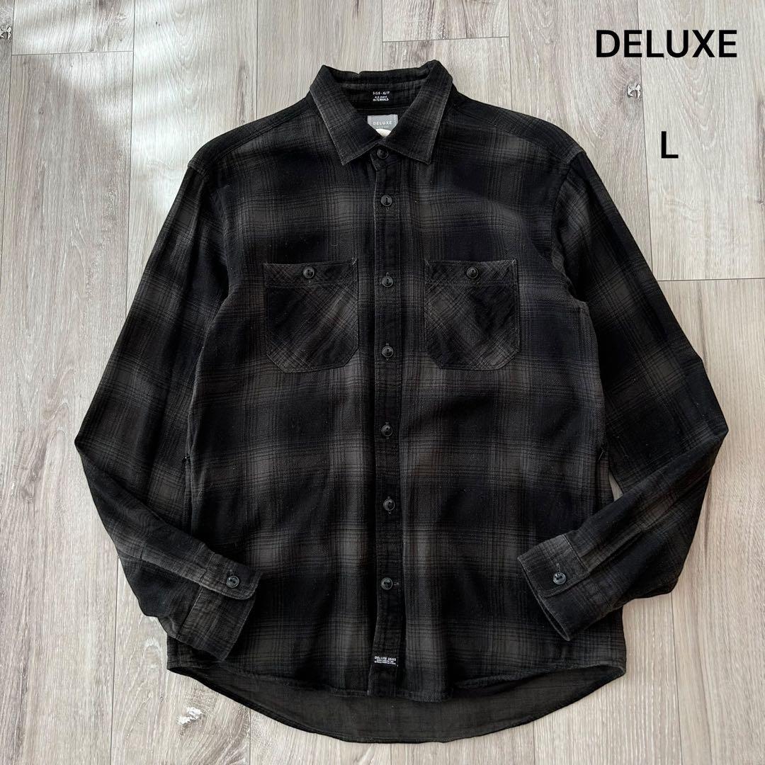 DELUXE デラックス オンブレチェックシャツ 長袖 黒 L サイドポケット