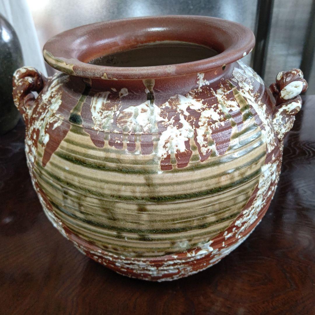 陶器製 花器 取っ手付き 茶色と白のストライプ