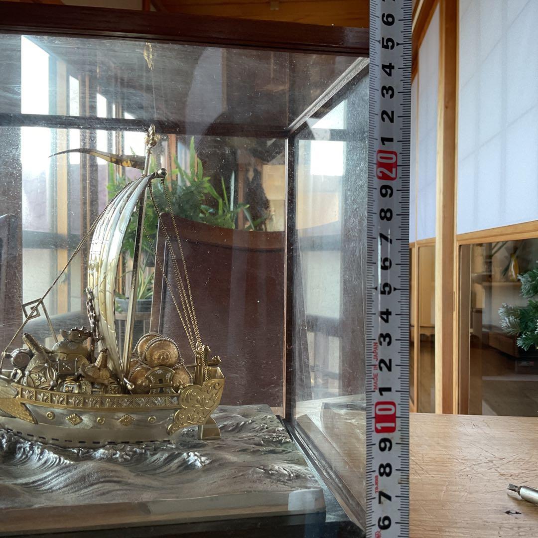 銀製 刻印 宝船 船重量 約346g 置物 ガラスケース付