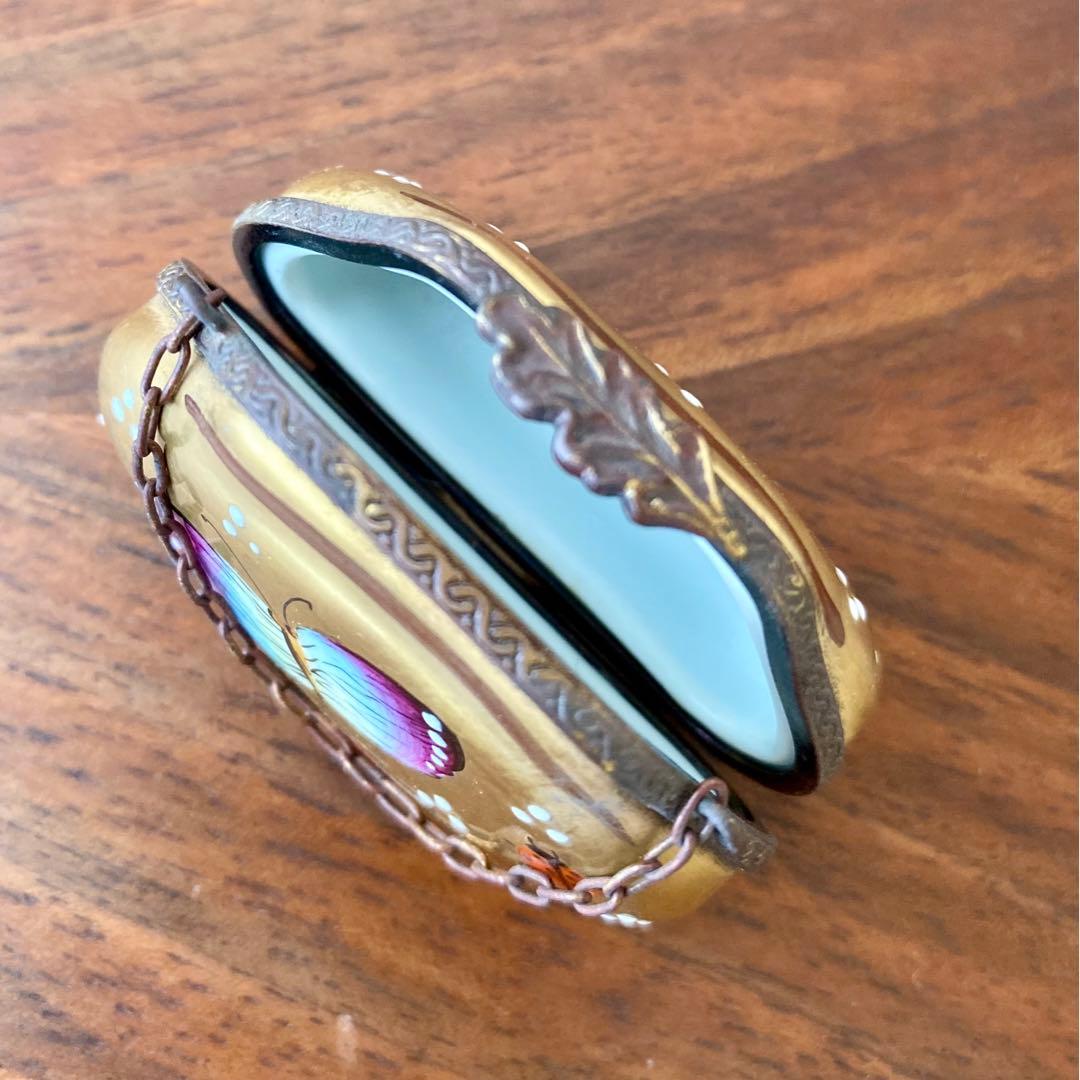 フランス製 ヴィンテージ リモージュボックス バッグ 蝶 てんとう虫 手描 金彩