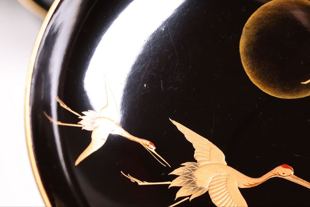 【CM376】大正期 月と松 飛翔鶴 金蒔絵 欅地溜塗 黒塗 椀二客 木製漆器