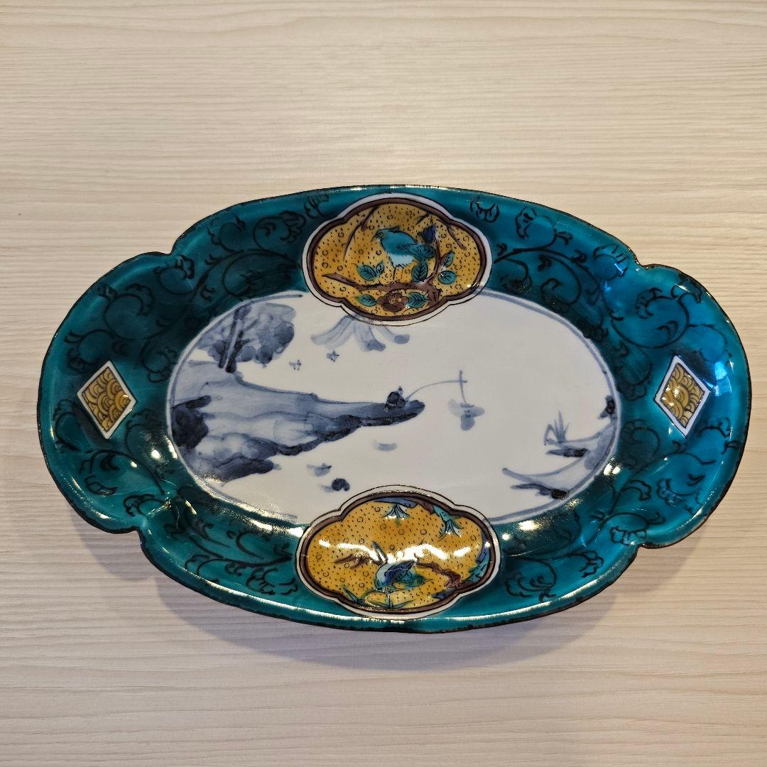 青手古九谷写 図窓絵 山水 7寸 木瓜型 長皿 九谷焼 文吉窯