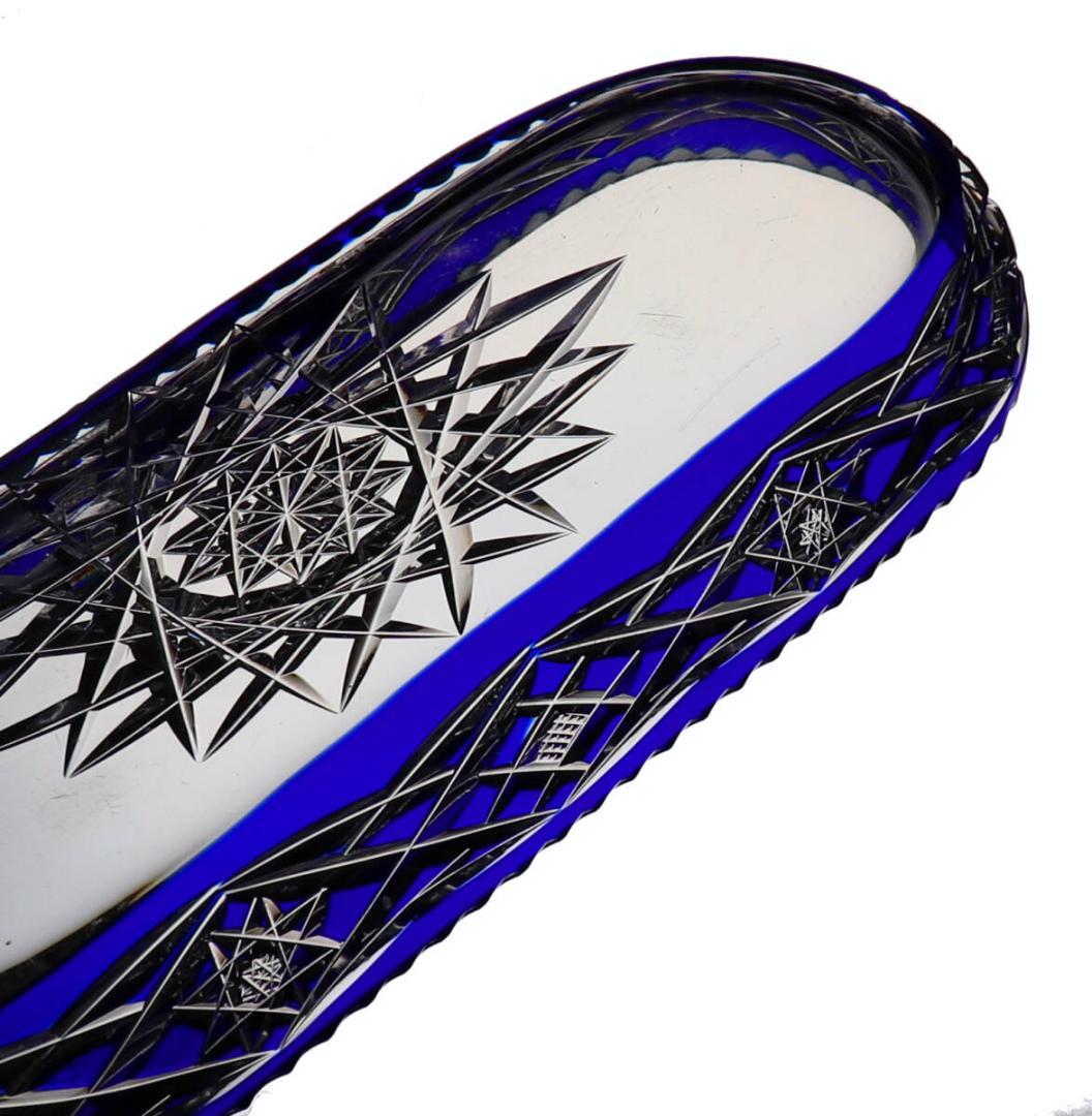 オールド・バカラ 上級作品 青色装飾 長皿 切子 24.4cm 大型 プレート