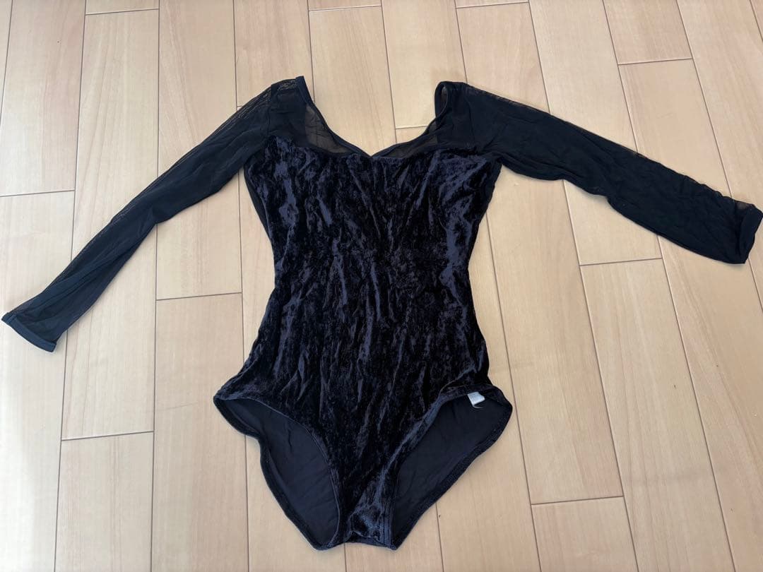 Yumikoレオタード　メッシュ　長袖ベルベット　レオタード M ブラック