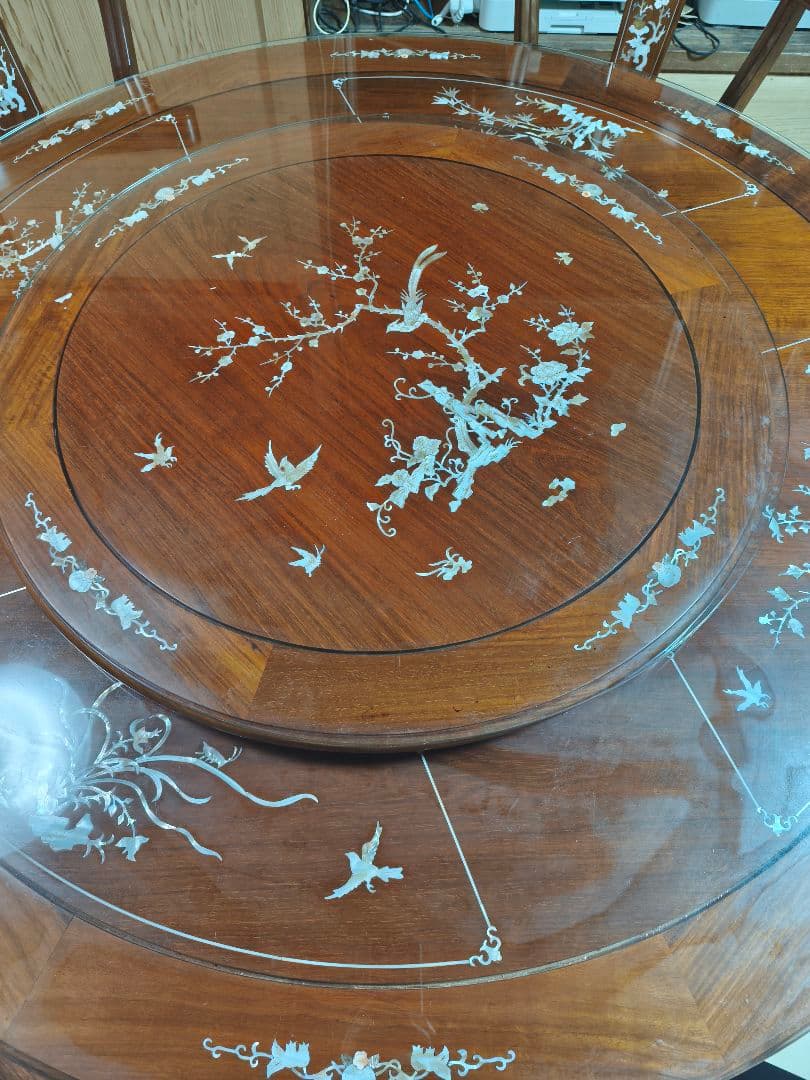 【高級】円卓/ダイニングセット6人用［引取り限定/回転テーブル・ガラス天板付き】