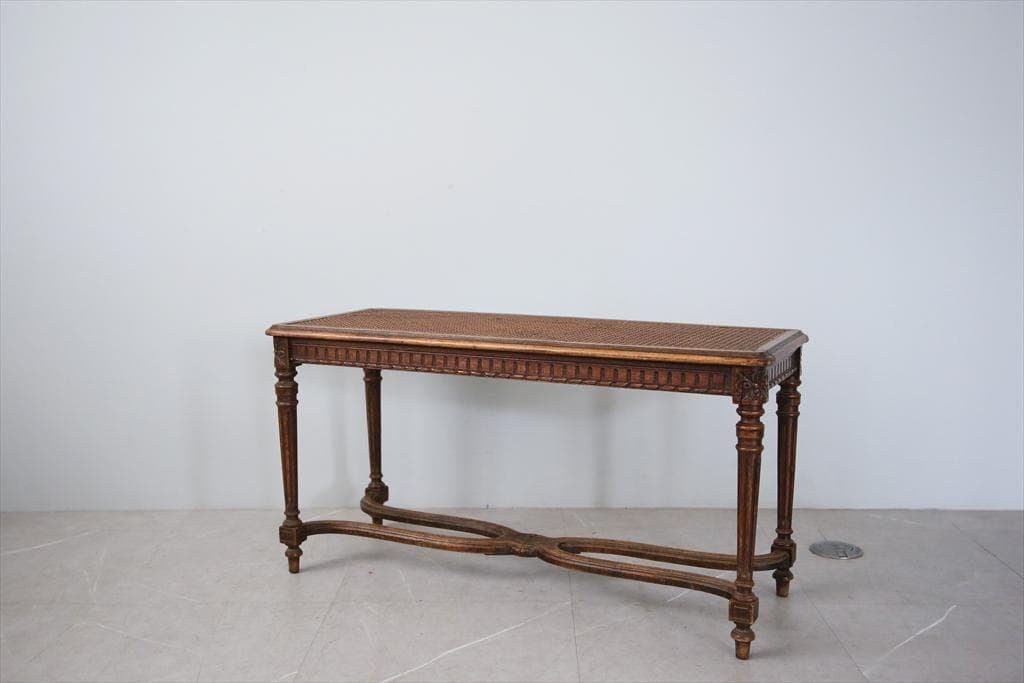 フランスアンティーク木製ベンチスツール/長椅子イス/腰掛け/籐ラタン90-144