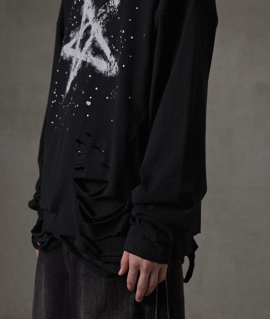 【GRANCY】ラインストーンデザイン グラフィックダメージ ロンT Lサイズ黒