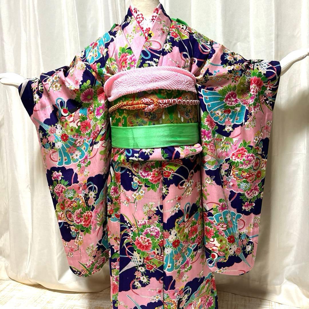 七五三　アンティーク着物セット　紫色　ピンク色　　水色　7歳　ハーフ成人式