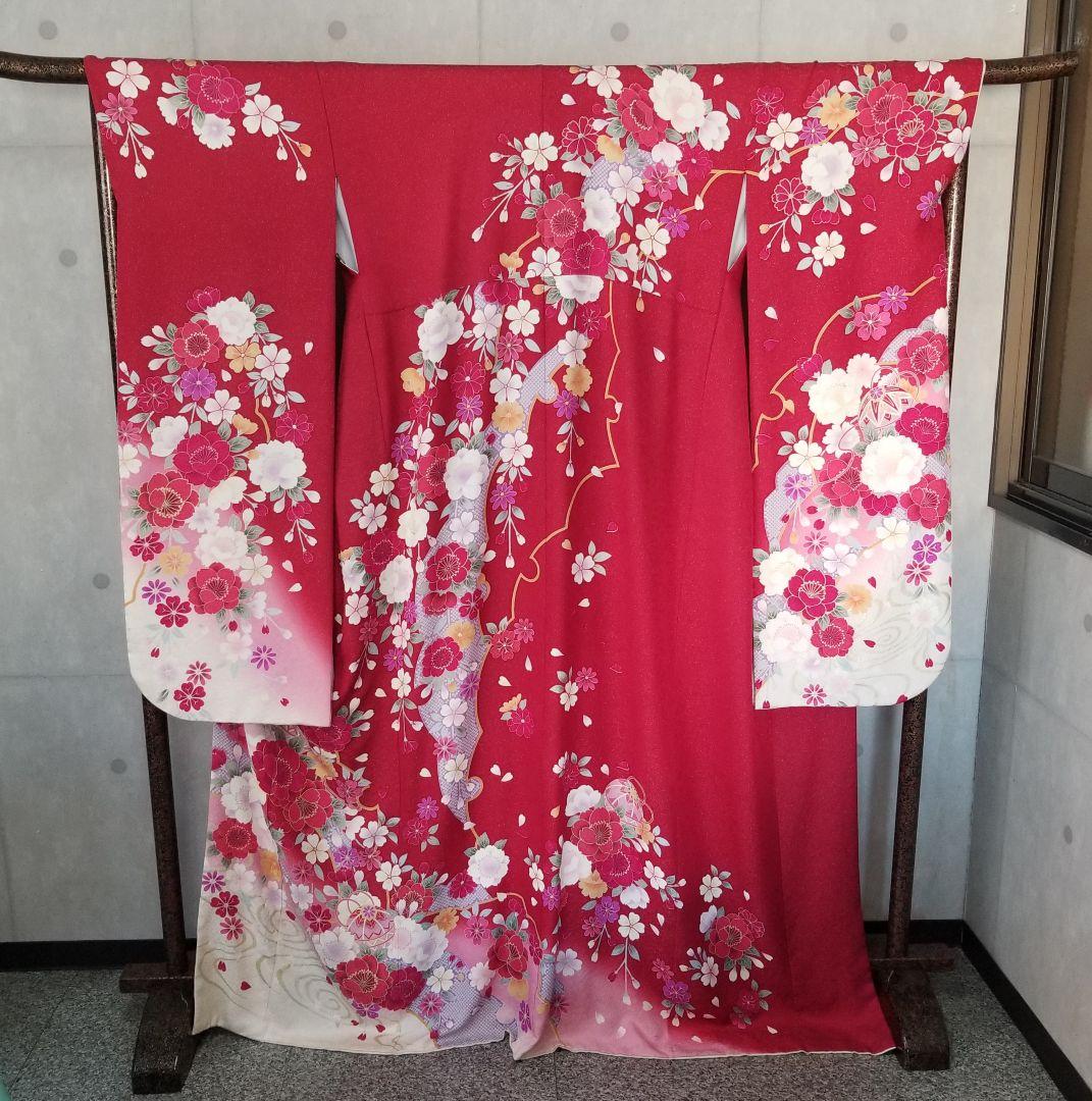 正絹振袖セット外単品 赤地ラメ入花柄 成人式 卒業式に最適