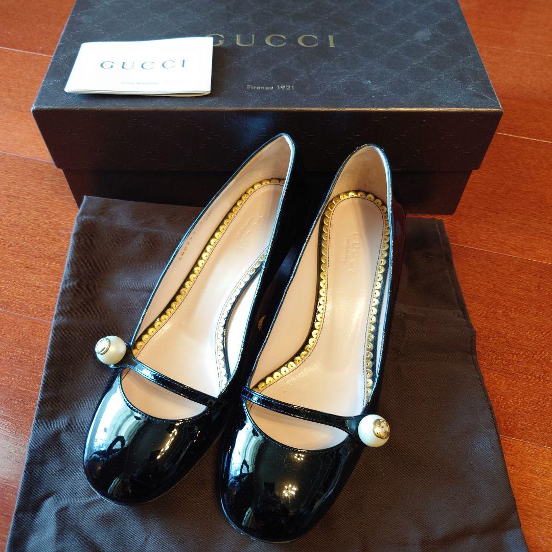箱付美品　グッチGUCCI パテントレザーエナメル　GGパールパンプス　36.5