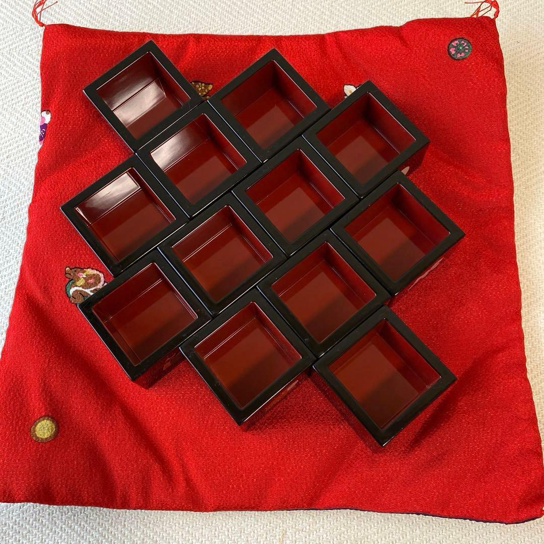 十二支升飾り 縮緬座布団 正月セット 祝い席 祝杯 酒杯 盃分 漆調 千福万来