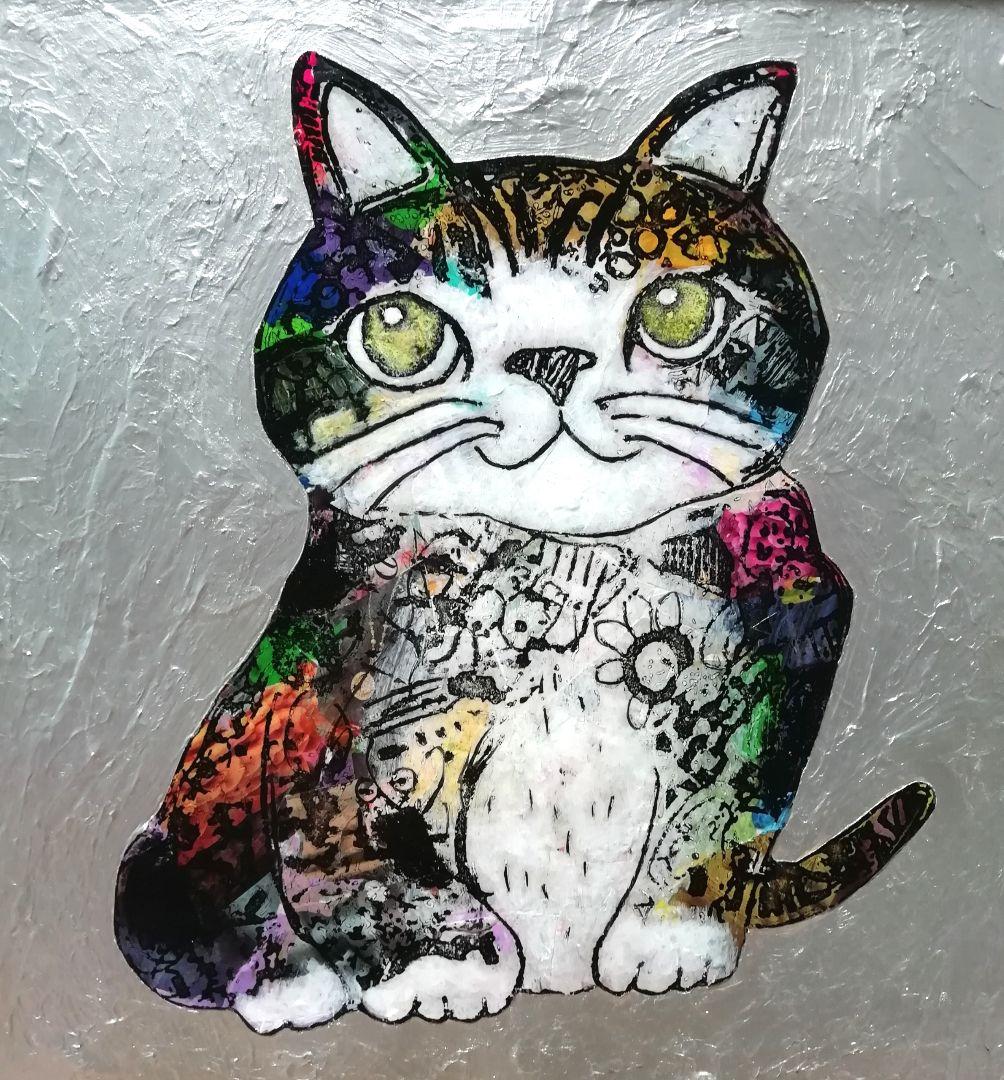 額付き銅版画応用絵画　title「回想ニャンコ」