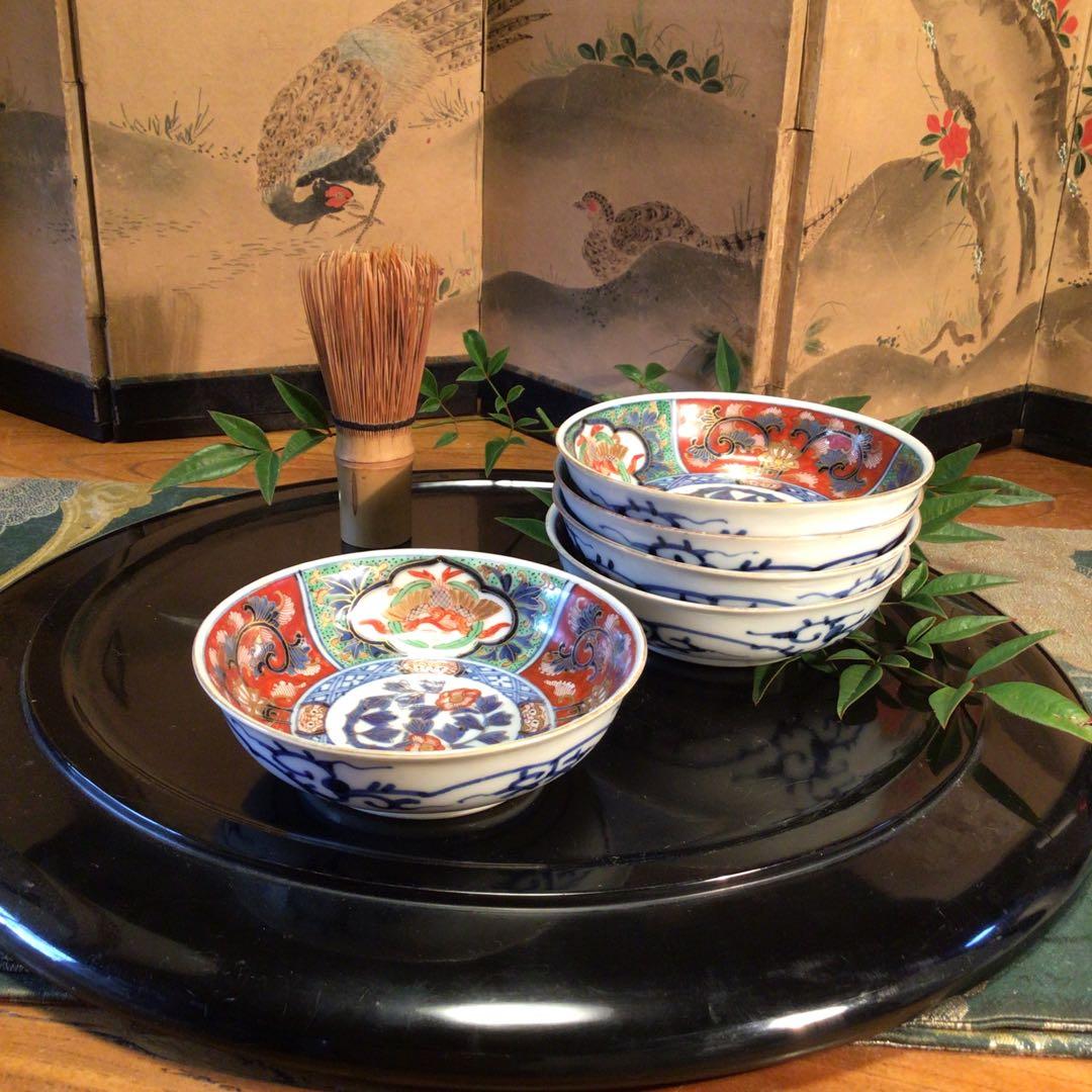 A745 古伊万里　極上　大聖寺伊万里　金蘭手　見込牡丹窓絵鳳凰紋様　5枚