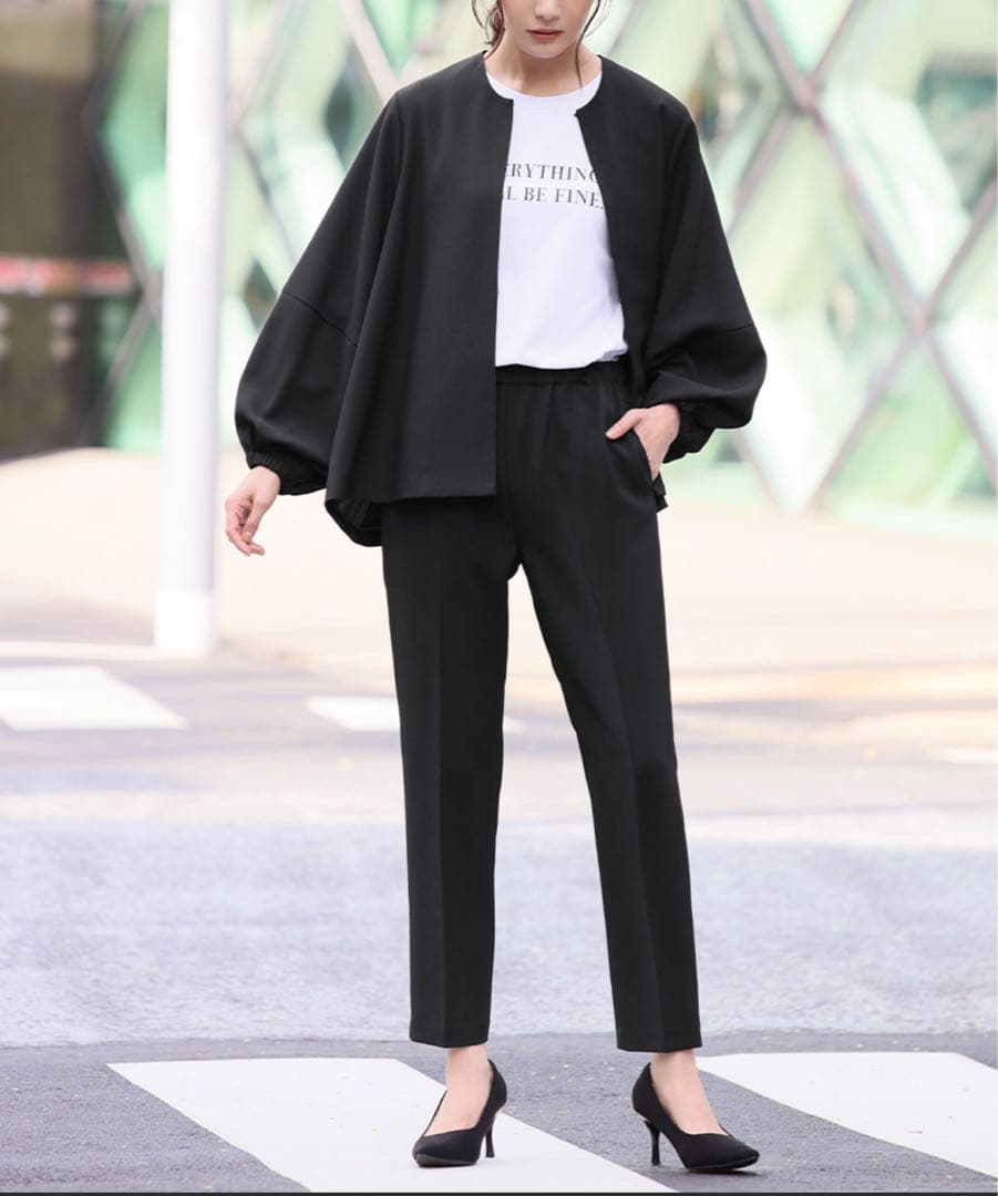 Floliaランタンスリーブノーカラージャケット・テーパードパンツ セットアップ