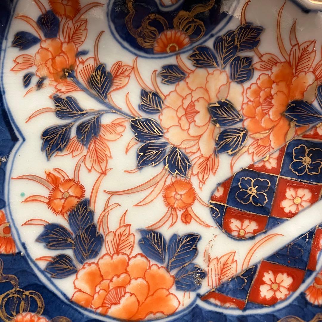 オールド香蘭社　色絵鮑型草花鳳凰図皿　明治　手書き　② アンティーク　古伊万里