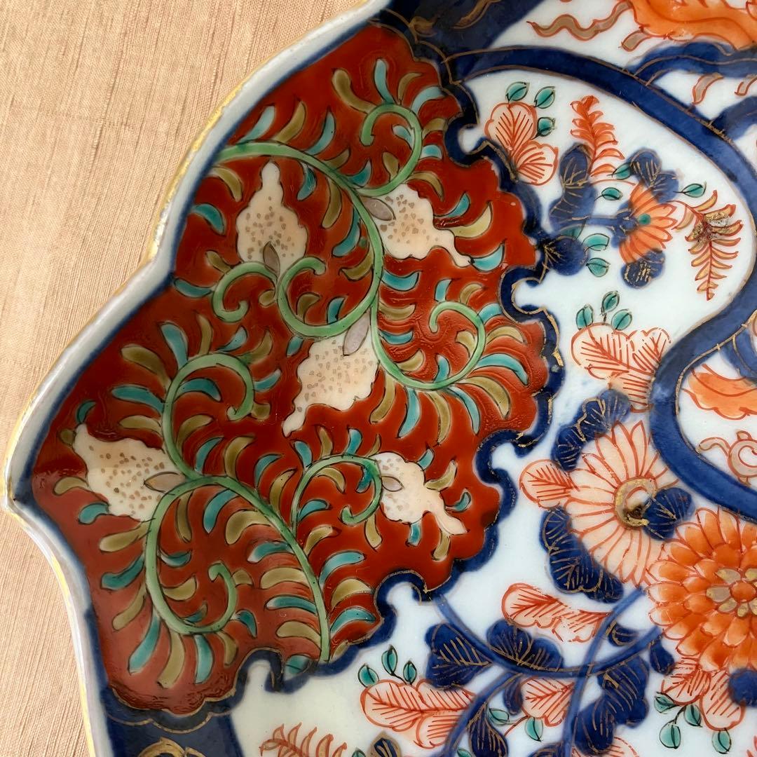 オールド香蘭社　色絵鮑型草花鳳凰図皿　明治　手書き　② アンティーク　古伊万里