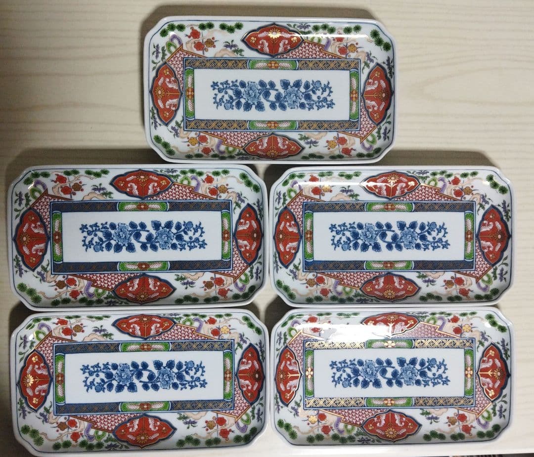 有田焼【 中島誠之助監修 】古伊万里絵付　角長皿　五枚 新品未使用