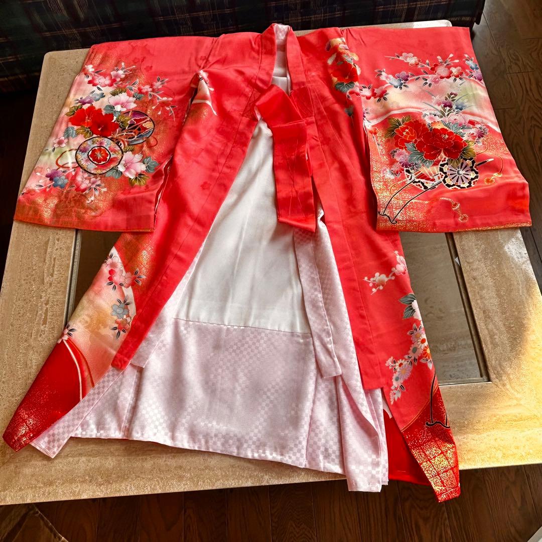 新品　正絹七五三用着物 ピンクと赤 花柄 身丈98cm お祝着物　日本製